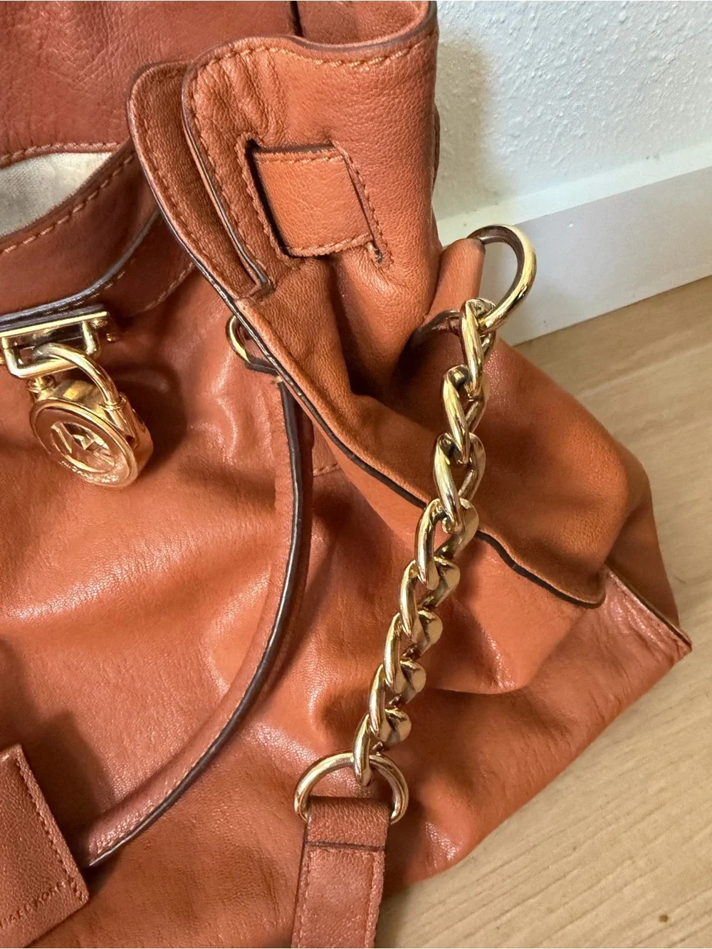 Michael Kors Cognac Leather Shoulder Tote with Gold Hardware